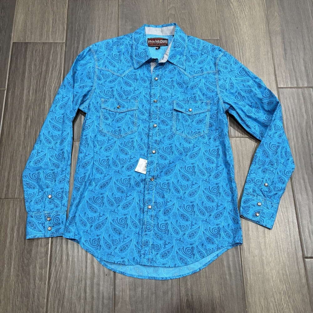 Rock & Roll Cowboy Western Shirt Men Size M Blue Paisley Pearl Snap Flip Cuff